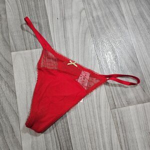 Victoria's Secret Red Stretch Cotton Polka Dot Mesh V-String Panty